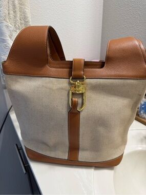 Canvas and Brown Leather Tote Bag with Gold Hardware
